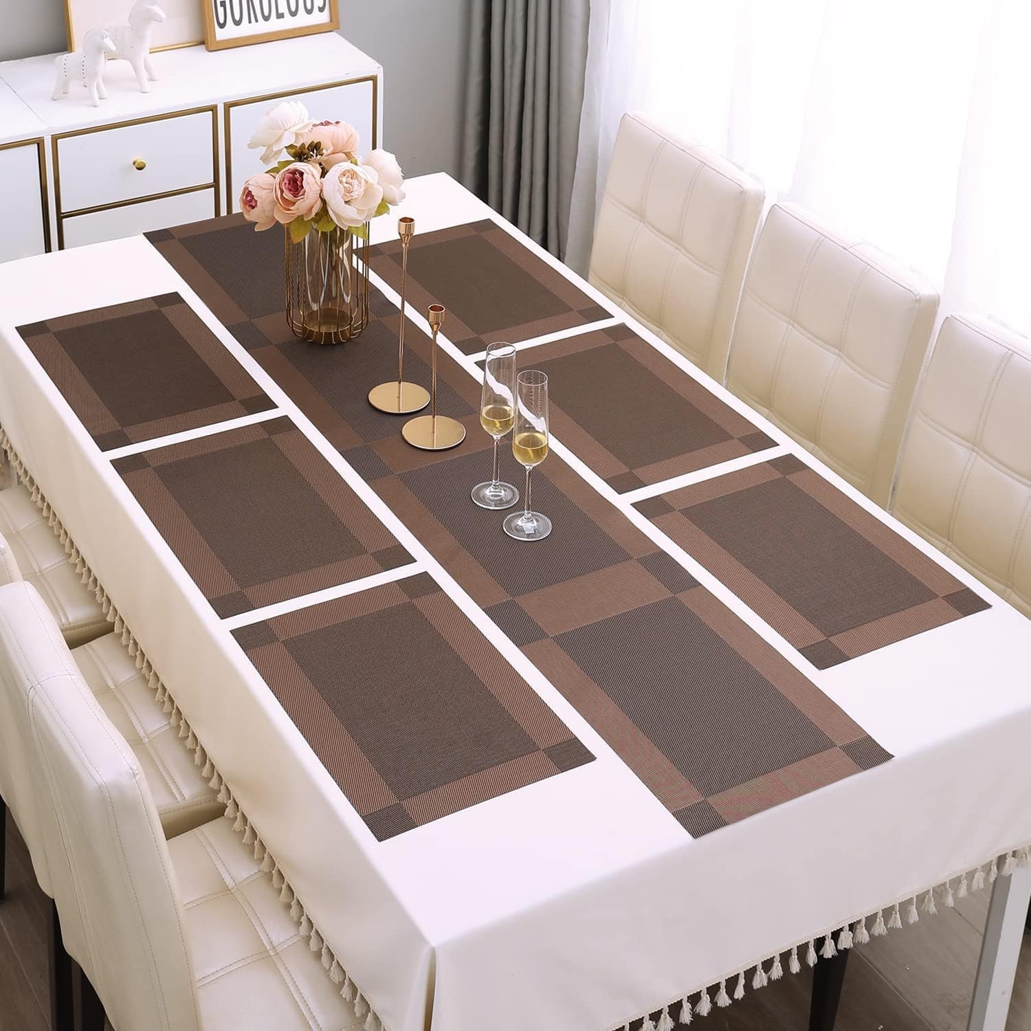 7Pcs Placemats Set with Runner for Dining Table - C